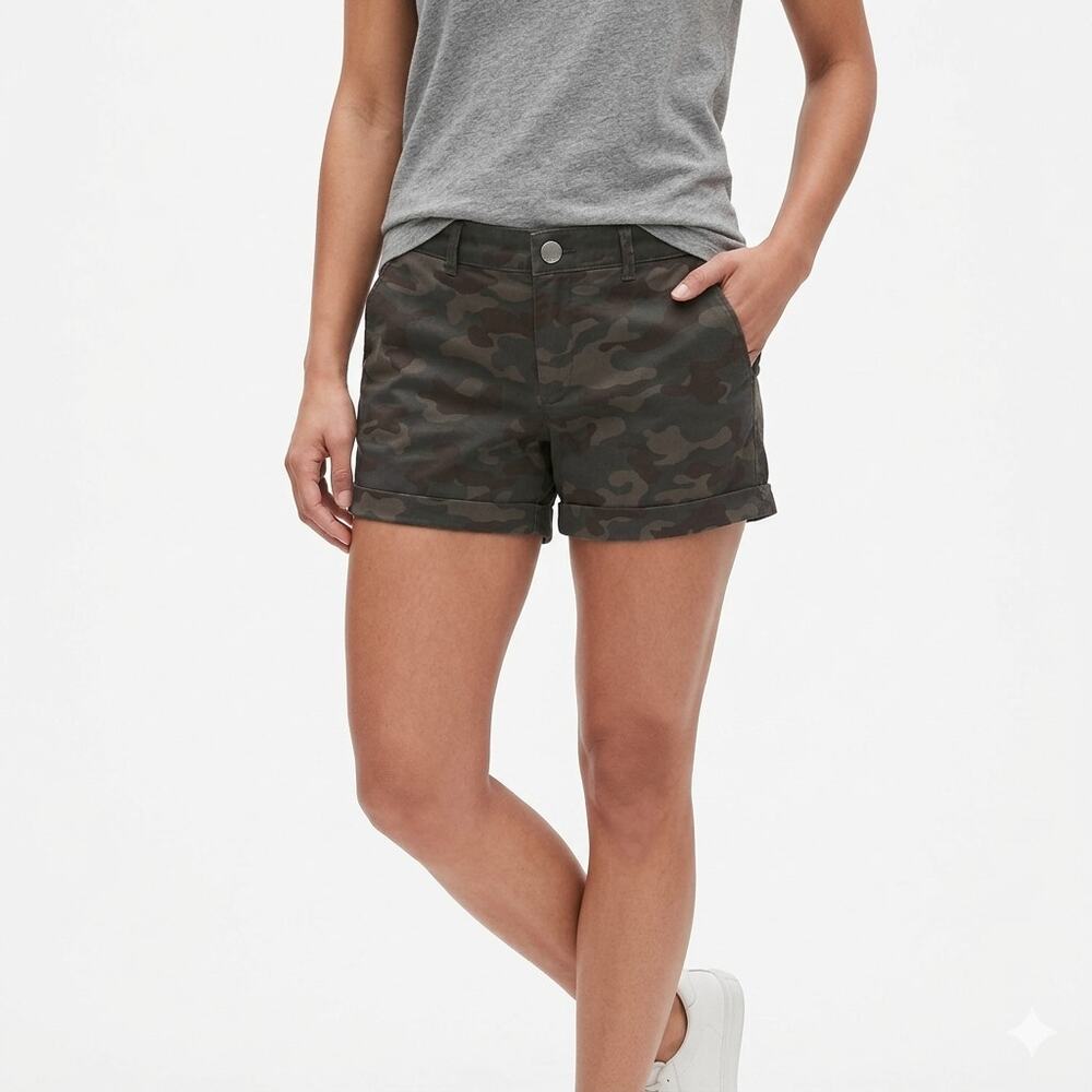 Gap Women's Chino Shorts 6 Green Skinny Boyfriend Camouflage Print Cuffed Khakis